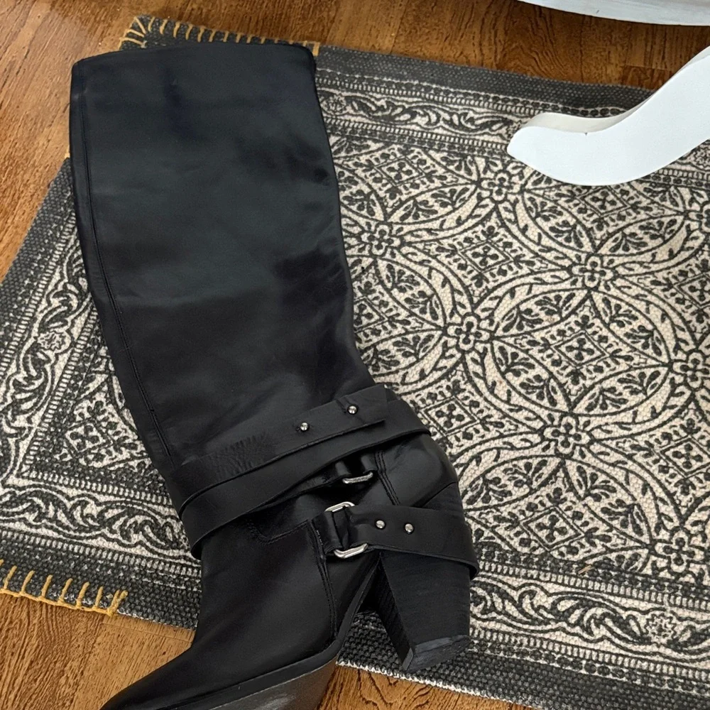 Fergie Black Leather Over-the-Knee Buckle Boots